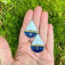 Load image into Gallery viewer, Silver Flower on Blue Upcycled Tin Sailboat Earrings