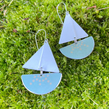 Load image into Gallery viewer, Dusty Aqua Dotty Upcycled Tin Sailboat Earrings