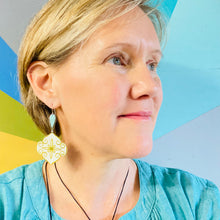 Load image into Gallery viewer, Golden Swirled Ogee with Aqua Pop Upcycled Tin Earrings