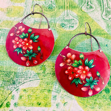 Load image into Gallery viewer, Blossoms On Deep Carmine Circles Upcycled Tin Earrings