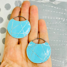 Load image into Gallery viewer, Silver Lined Aqua Circles Upcycled Tin Earrings
