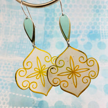 Load image into Gallery viewer, Golden Swirled Ogee with Aqua Pop Upcycled Tin Earrings