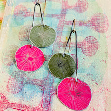 Load image into Gallery viewer, Bright Pink &amp; Blue Clay Cosmos Upcycled Tin Earrings