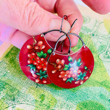Load image into Gallery viewer, Blossoms On Deep Carmine Circles Upcycled Tin Earrings