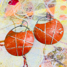 Load image into Gallery viewer, Silver Lined Antiqued Orange Circles Upcycled Tin Earrings