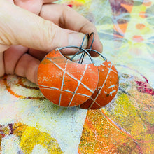 Load image into Gallery viewer, Silver Lined Antiqued Orange Circles Upcycled Tin Earrings