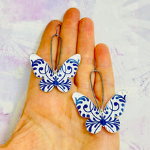 Load image into Gallery viewer, Navy &amp; White Butterflies Upcycled Tin Earrings