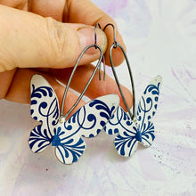Load image into Gallery viewer, Navy &amp; White Butterflies Upcycled Tin Earrings