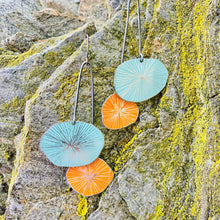 Load image into Gallery viewer, Aqua &amp; Persimmon Cosmos Upcycled Tin Earrings