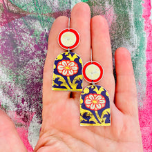 Load image into Gallery viewer, White Blossoms on Navy Wide Arch Upcycled Tin Earrings