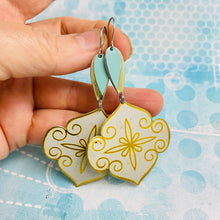 Load image into Gallery viewer, Golden Swirled Ogee with Aqua Pop Upcycled Tin Earrings