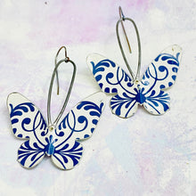 Load image into Gallery viewer, Navy &amp; White Butterflies Upcycled Tin Earrings