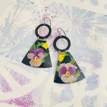 Load image into Gallery viewer, Purple Pansies on Midnight Small Fans Tin Earrings