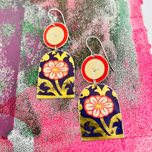 Load image into Gallery viewer, White Blossoms on Navy Wide Arch Upcycled Tin Earrings