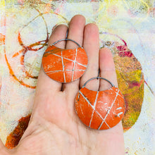 Load image into Gallery viewer, Silver Lined Antiqued Orange Circles Upcycled Tin Earrings