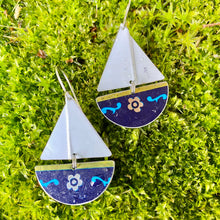 Load image into Gallery viewer, Silver Flower on Blue Upcycled Tin Sailboat Earrings