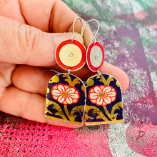 Load image into Gallery viewer, White Blossoms on Navy Wide Arch Upcycled Tin Earrings
