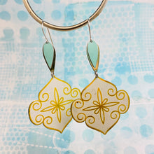 Load image into Gallery viewer, Golden Swirled Ogee with Aqua Pop Upcycled Tin Earrings