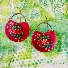 Load image into Gallery viewer, Blossoms On Deep Carmine Circles Upcycled Tin Earrings