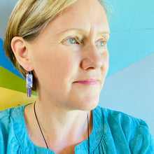Load image into Gallery viewer, Silly Cat Face Pattern Rectdangle Upcycled Tin Earrings