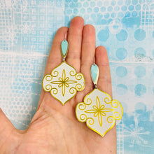 Load image into Gallery viewer, Golden Swirled Ogee with Aqua Pop Upcycled Tin Earrings