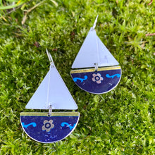 Load image into Gallery viewer, Silver Flower on Blue Upcycled Tin Sailboat Earrings