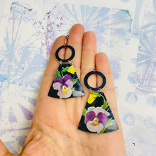 Load image into Gallery viewer, Purple Pansies on Midnight Small Fans Tin Earrings