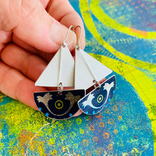 Load image into Gallery viewer, Protective Eye Upcycled Tin Sailboat Earrings