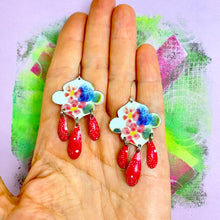 Load image into Gallery viewer, Pink Flowers Tin Chandelier Earrings
