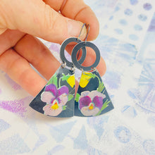 Load image into Gallery viewer, Purple Pansies on Midnight Small Fans Tin Earrings