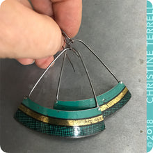 Load image into Gallery viewer, Teal Crosshatch Wide Arc Fan Zero Waste Tin Earrings