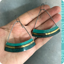 Load image into Gallery viewer, Teal Crosshatch Wide Arc Fan Zero Waste Tin Earrings