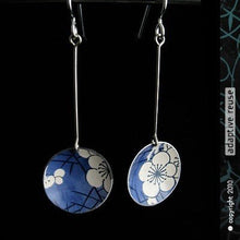 Load image into Gallery viewer, Cherry Blossoms on Blue Recycled Tin Earrings by Christine Terrell for adaptive reuse jewelry