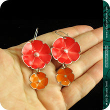 Load image into Gallery viewer, Red &amp; Persimmon Orange Double Flower Ethical Tin Earrings 30th Birthday Gift