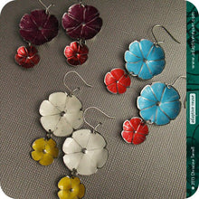 Load image into Gallery viewer, Red &amp; Persimmon Orange Double Flower Ethical Tin Earrings 30th Birthday Gift