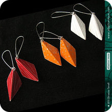 Load image into Gallery viewer, Linear Textured White Harlequin Upcycled Tin Earrings Tin Anniversary Gift