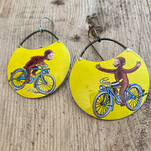 Load image into Gallery viewer, Playing on the Bike Curious George Circles Upcycled Tin Earrings