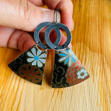 Load image into Gallery viewer, Stylized Flowers on Midnight Small Fans Tin Earrings