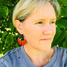 Load image into Gallery viewer, Scarlet with Gold &amp; Black Circles Upcycled Tin Earrings