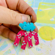 Load image into Gallery viewer, Turquoise Clouds &amp; cerise Horseshoes Upcycled Tin Earrings