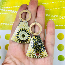 Load image into Gallery viewer, Charcoal Blossoms on Butter Small Fans Tin Earrings
