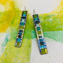Load image into Gallery viewer, Fenced &amp; Folded Mixed Greens Narrow Rectangle Tin Earrings
