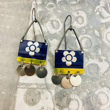Load image into Gallery viewer, Silver Blossoms on Sapphire Rectdangles Upcycled Tin Earrings