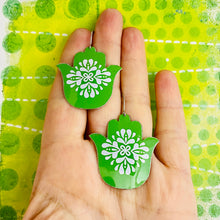 Load image into Gallery viewer, White Mandala on Bright Green Classic Hamsa Upcycled Tin Earrings