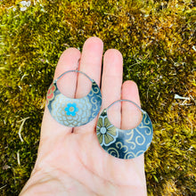 Load image into Gallery viewer, Zinnias on Midnight &amp; Gold Circles Upcycled Tin Earrings