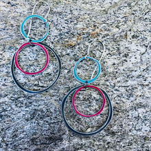 Load image into Gallery viewer, Teal, Cerise &amp; Midnight Circle Scribbles Upcycled Tin Scribble Earrings