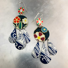 Load image into Gallery viewer, Mixed Dark Blues &amp; Flowers Zero Waste Tin Chandelier Earrings