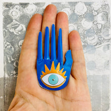 Load image into Gallery viewer, Large Hamsa In Sky Blue &amp; Persimmon Tin Wall Art