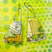 Load image into Gallery viewer, Modernist Architectural Renderings Upcycled Tin Long Fans Earrings