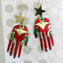 Load image into Gallery viewer, Vintage Red Hand Golden Stars Talisman Zero Waste Tin Earrings